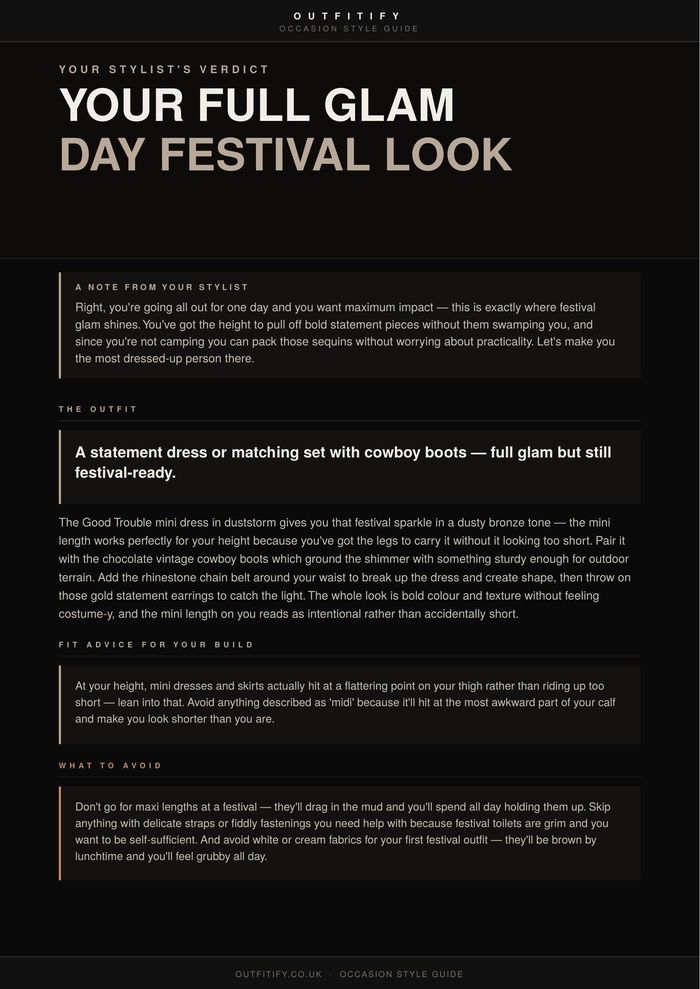 Sample Outfitify guide page 1 — the outfit and fit advice for a festival look